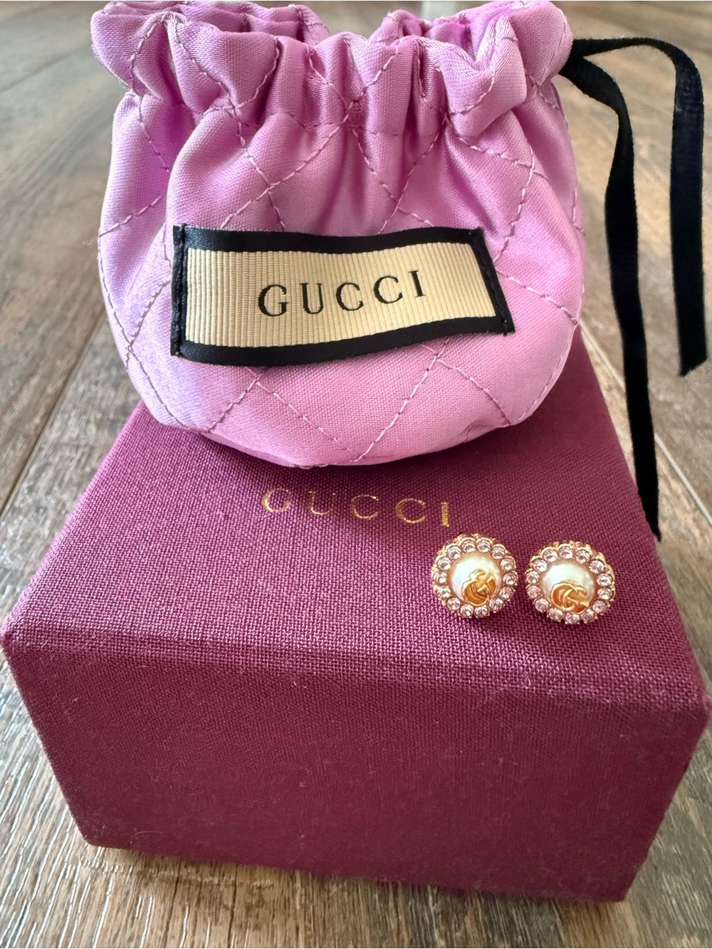 Gucci Gold and Pearl Crystal Halo Stud Earrings